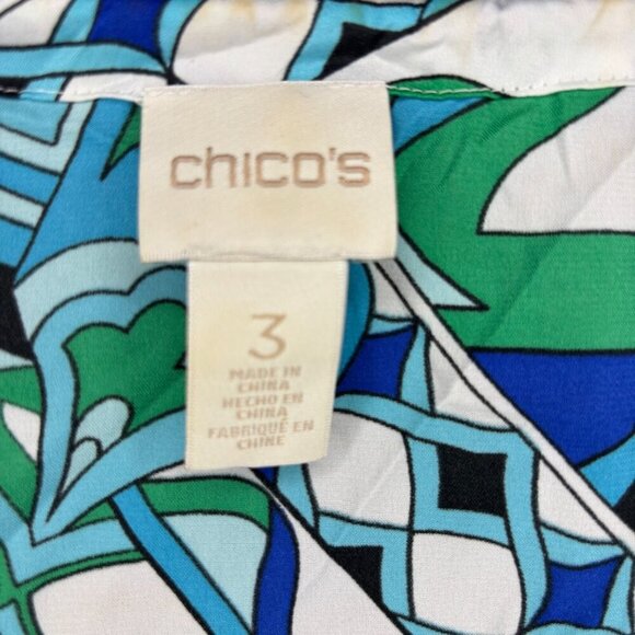 CHICO'S Cold Shoulder Blouse Womens 3 Satin Blue Green Tassels - Picture 3 of 5